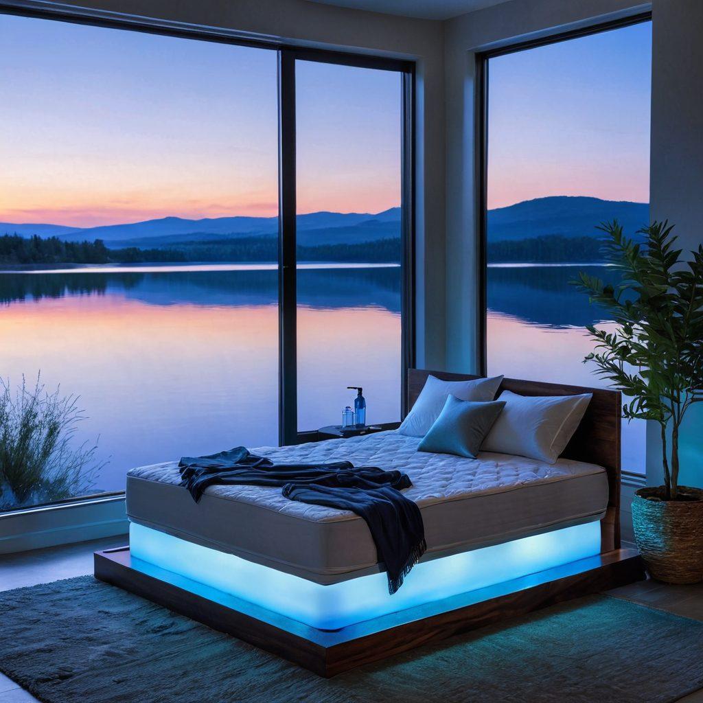 A serene bedroom scene featuring a luxurious water mattress in soothing tones of blue and white, surrounded by soft, ambient lighting. Include a tranquil window view of a calm lake at dusk, with gentle waves reflecting the twilight sky. Add subtle elements like a bedside table with a water bottle and a book about sleep wellness, emphasizing relaxation. super-realistic. vibrant colors. soft focus.