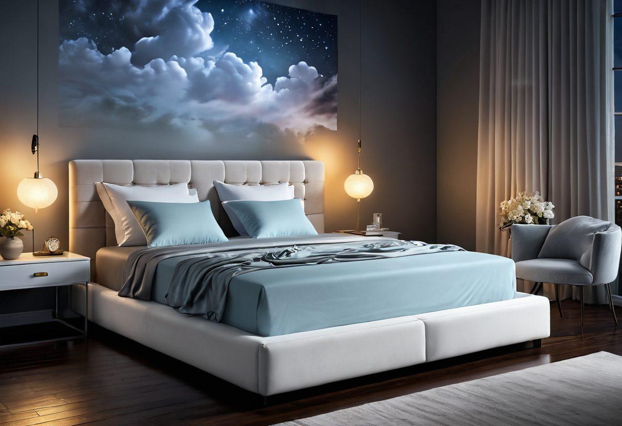 A tranquil bedroom scene showcasing a luxurious waterbed with soft, flowing sheets and gentle, ambient lighting. Surround the waterbed with dreamy elements like fluffy clouds and twinkling stars to evoke a sense of calm and relaxation. Incorporate subtle references to comfort, such as plush pillows and a serene color palette. The overall atmosphere should feel inviting and restful, perfect for a good night's sleep. super-realistic. calming colors. soft glow.